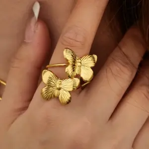 PVD Coated Real Gold Plated Butterfly 304 Stainless Steel Elegant Retro Waterproof Non Tarnish Open Rings