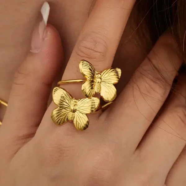 PVD Coated Real Gold Plated Butterfly 304 Stainless Steel Elegant Retro Waterproof Non Tarnish Open Rings
