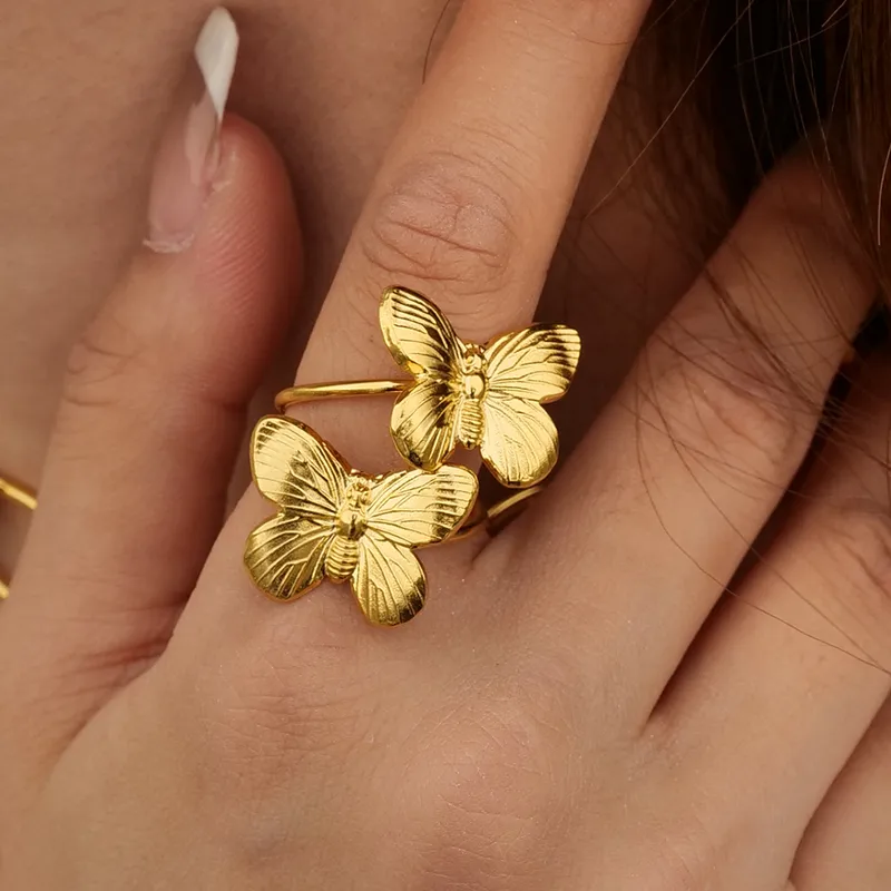 Wholesale PVD Coated Real Gold Plated Butterfly 304 Stainless Steel Elegant Retro Waterproof Non Tarnish Open Rings