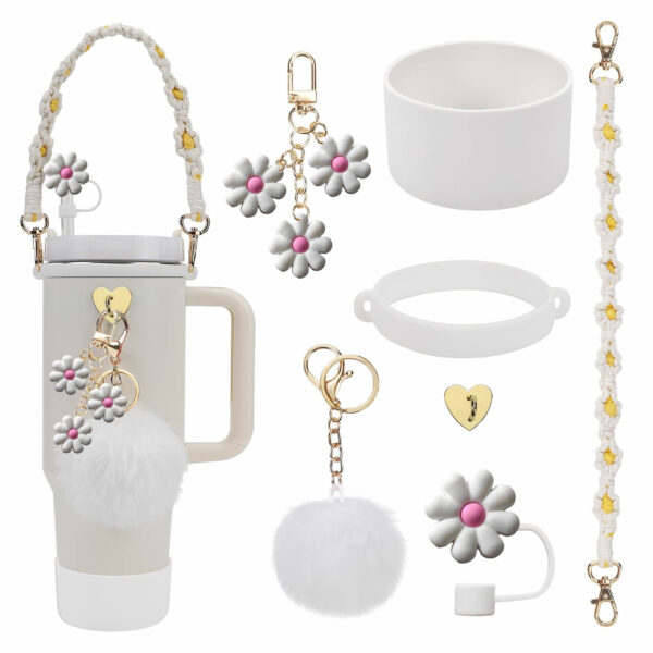 Wholesale Little Daisy Stanley Cup Decorative Straw Cap Cup Set Cup Chain Color Flower Key Pendant Fluffy Ball Pendant