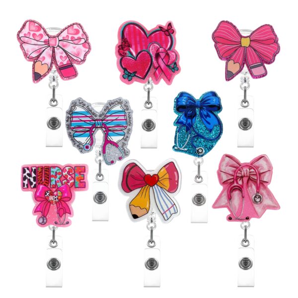 oly-9bcc7545a219437beb870ea8000e43e6 Wholesale Cross-border spot glitter acrylic stethoscope bow nurse-themed telescopic rotating clip easy-pull ID card buckle