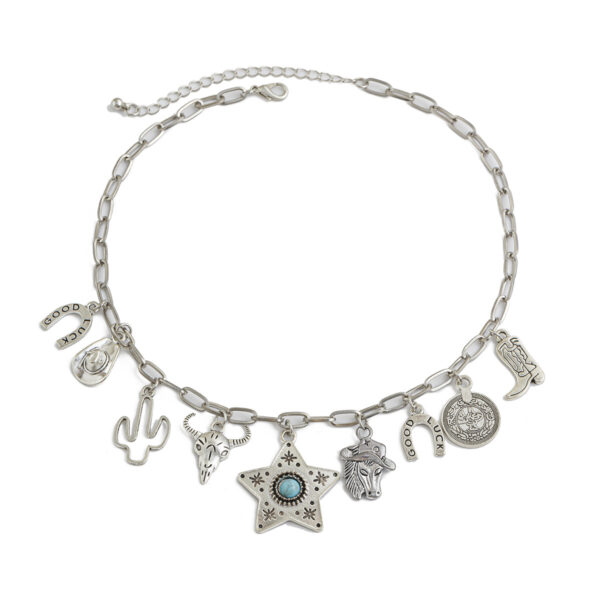 oly-9bea85abff3bba4daeb361a46c0e5444 Wholesale Jewelry Stacked with Cow Head Western Style Short Clavicle Chain Maillard Retro Ethnic Imitation Turquoise Necklace