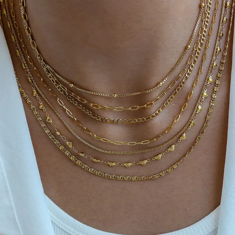 Wholesale Gold Plated Titanium Steel O-Link Box Chain Side Body Link Bead Necklace Twisted Chain Clavicle Chain Bare Chain Fashion Personality