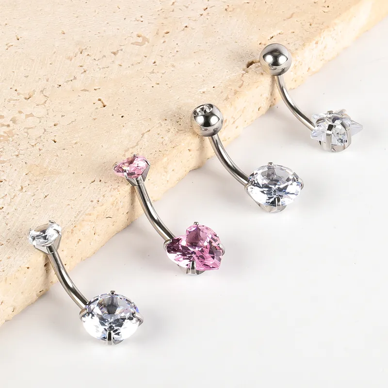 Wholesale 1 Piece Belly Rings IG Style Shiny Round Star Heart Shape 302 Stainless Steel Inlay Diamond Zircon Belly Rings