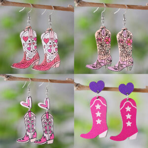 oly-9c065d5538110d4e0aeaaf192bb040be Wholesale Cross-Border Western Style Pink Love Tassel Spring and Summer Flower Leaf Cowboy Boots Pendant Wooden Double-Sided Earrings