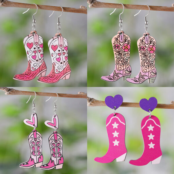 oly-9c065d5538110d4e0aeaaf192bb040be Wholesale Cross-Border Western Style Pink Love Tassel Spring and Summer Flower Leaf Cowboy Boots Pendant Wooden Double-Sided Earrings