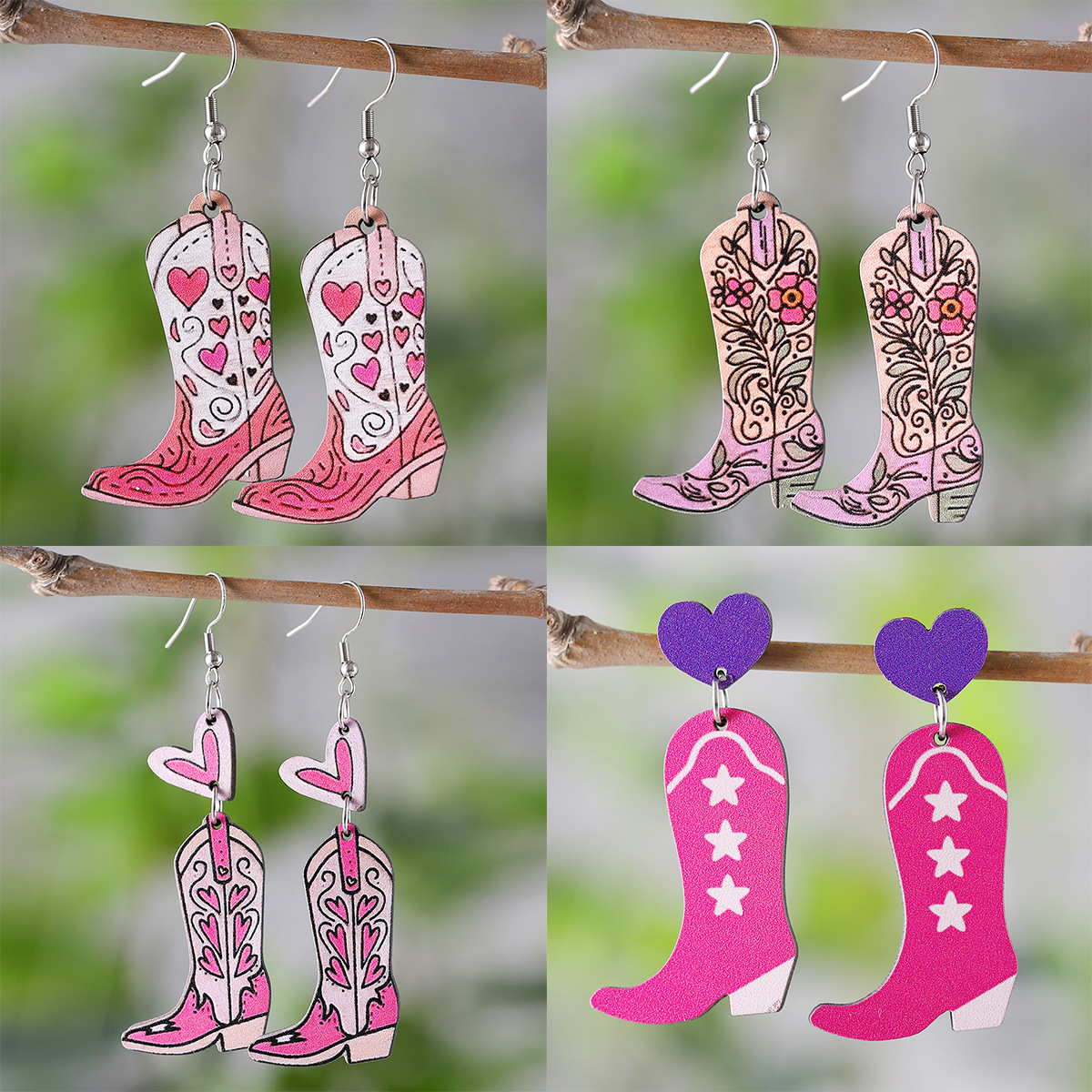 Wholesale Cross-Border Western Style Pink Love Tassel Spring and Summer Flower Leaf Cowboy Boots Pendant Wooden Double-Sided Earrings