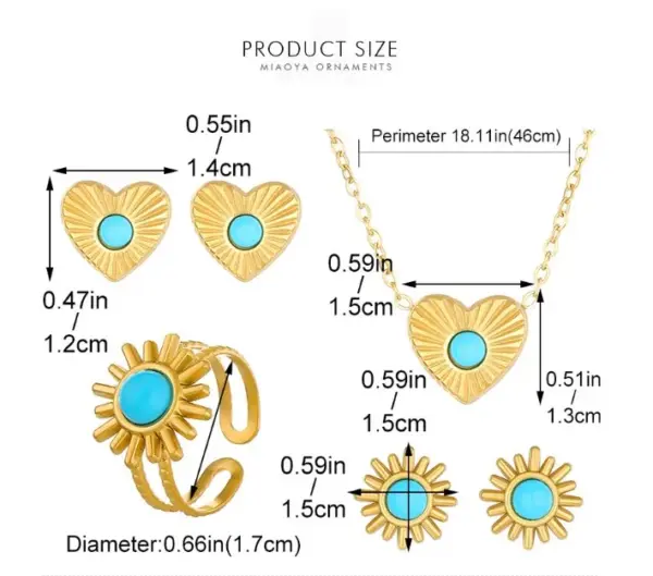 304 Stainless Steel Heart Shape PVD Coated Natural Stone Gold Plated Vintage Style Waterproof Non Tarnish Plating Jewelry Set