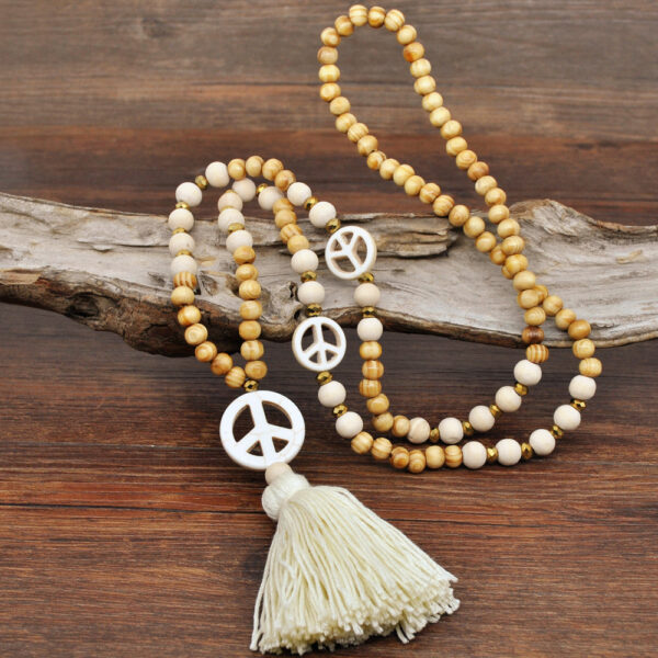 Wholesale Amazon European and American Cross Border Wooden Beaded Tassel Necklace Women's Handmade Bohemian Peace Symbol Pendant Woolen Chain