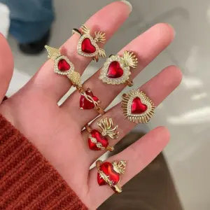 Wholesale Heart Shape Open Ring For Women In Copper With Electroplated Gold Plating And Enamel Craft Featuring Zircon Inlay