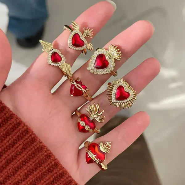 Wholesale Heart Shape Open Ring For Women In Copper With Electroplated Gold Plating And Enamel Craft Featuring Zircon Inlay