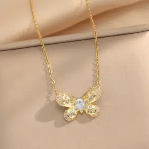 436 Gold White Diamond Butterfly Necklace