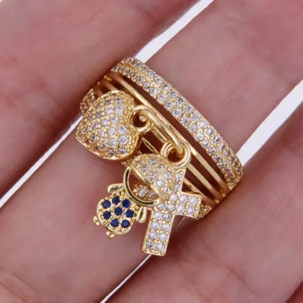 Wholesale Copper 18K Gold Plated Cute Modern Style Plating Inlay Human Heart Shape Zircon Wide Band Rings Charm Rings Open Rings