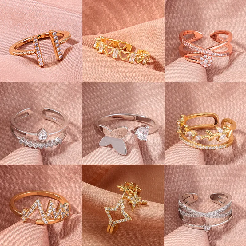 Wholesale Copper Leaf Crown Butterfly Zircon Open Rings
