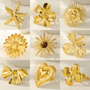 Wholesale Adjustable Titanium Steel Ring Starfish Sun Cat's Eye Stone Hammered Texture Elegant Simple Style For Women Open Ring Finger Ring