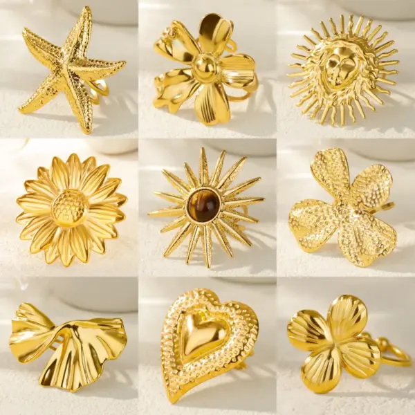 Wholesale Adjustable Titanium Steel Ring Starfish Sun Cat's Eye Stone Hammered Texture Elegant Simple Style For Women Open Ring Finger Ring