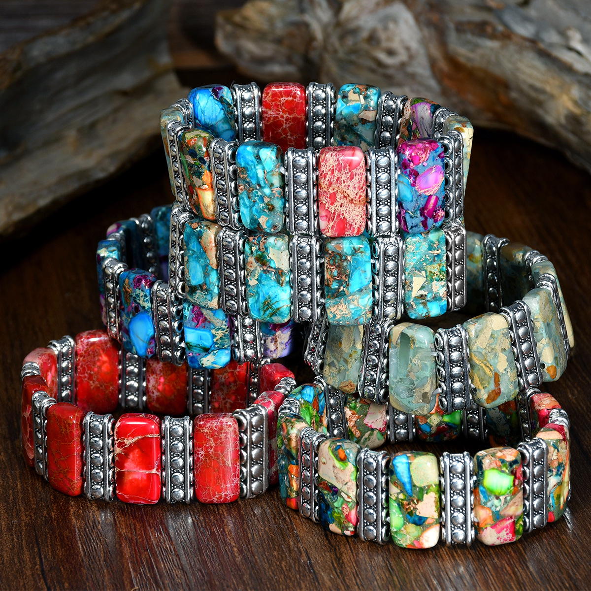Wholesale temu cross-border bohemian color emperor stone beaded bracelet for men and women vintage sier bracelet hand row