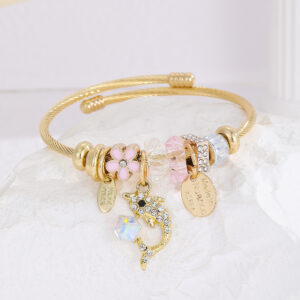 Wholesale European and American Hot Pandora Gold Stainless Steel Bracelet Women's Diamond-encrusted Fishtail Dolphin Alloy Pendant Adjustable Bracelet