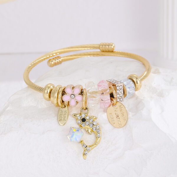 Wholesale European and American Hot Pandora Gold Stainless Steel Bracelet Women's Diamond-encrusted Fishtail Dolphin Alloy Pendant Adjustable Bracelet