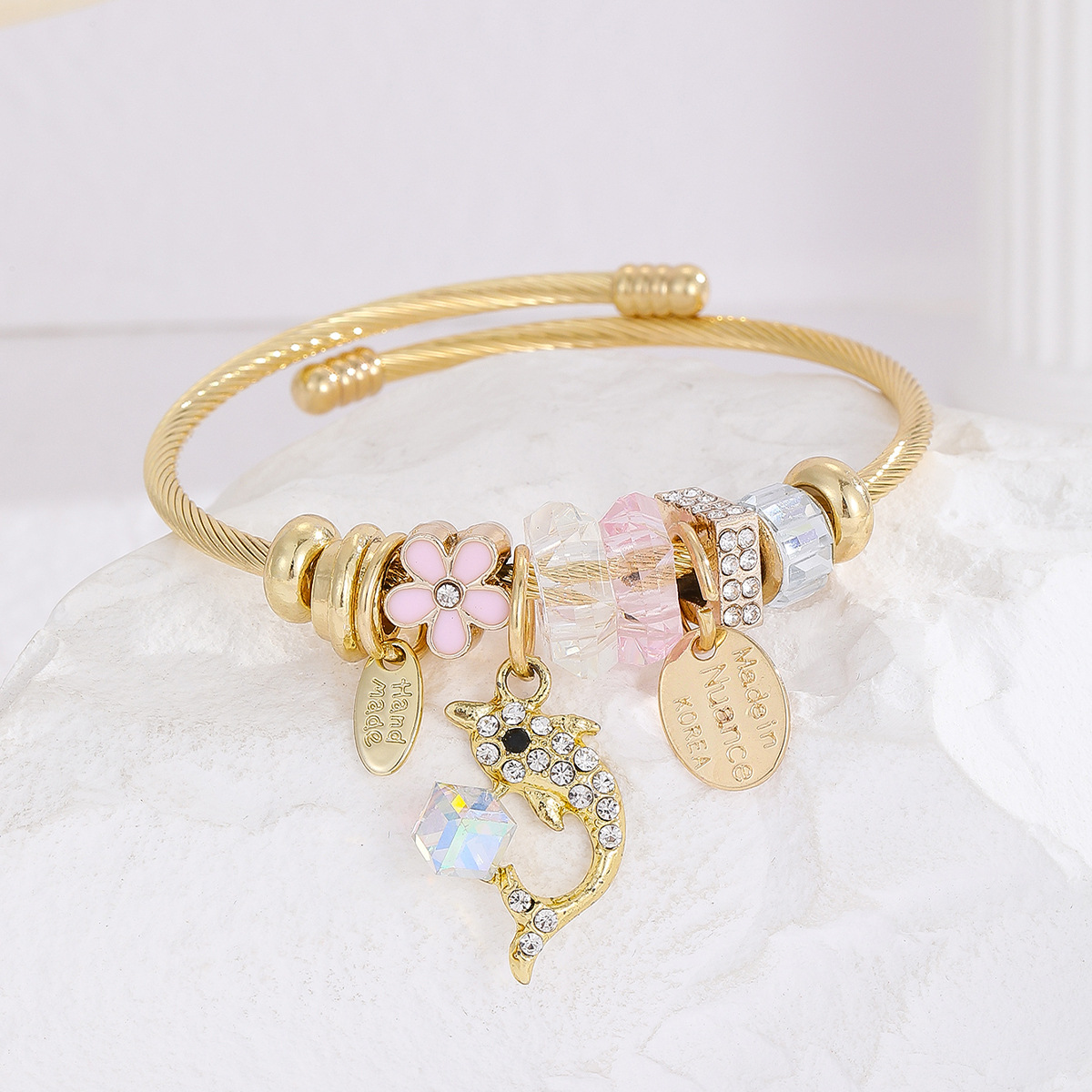 Wholesale European and American Hot Gold Stainless Steel Bracelet Women's Diamond-encrusted Fishtail Dolphin Alloy Pendant Adjustable Bracelet