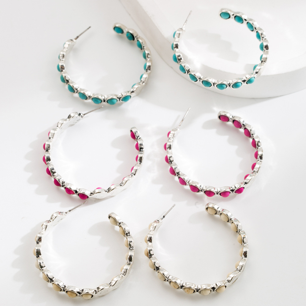 Wholesale Amazon cross-border new geometric large circle inlaid turquoise earrings earrings female fashion temperament earrings