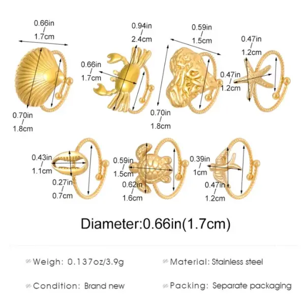 Ion Plating (IP) Tortoise Starfish Shell 304 Stainless Steel Hawaiian Beach Tropical Waterproof Non Tarnish Open Rings