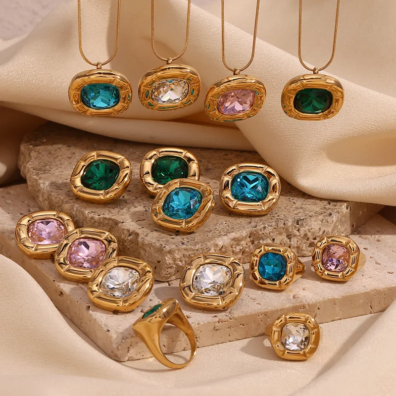 Wholesale PVD Coated Real Gold Plated 18K Square 304 Stainless Steel Vintage Style Simple Classic Waterproof Non Tarnish Rings Earrings Necklace