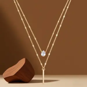 X0371-Double Layer Water Drop Square Bar-Necklace- Gold