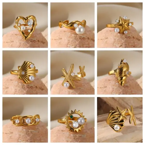 PVD Coated Real Gold Plated Starfish Conch Heart Shape 304 Stainless Steel French Style Marine Style Beach Waterproof Non Tarnish Open Rings