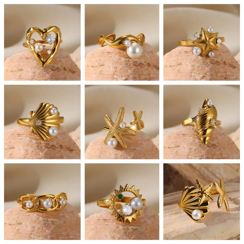Wholesale PVD Coated Real Gold Plated Starfish Conch Heart Shape 304 Stainless Steel French Style Marine Style Beach Waterproof Non Tarnish Open Rings