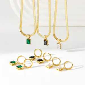 Wholesale Jewelry Fashion Square 304 Stainless Steel Zircon 16K Gold Plated White Gold Plated Gold Plated Inlay Stainless Steel Jewelry Sets