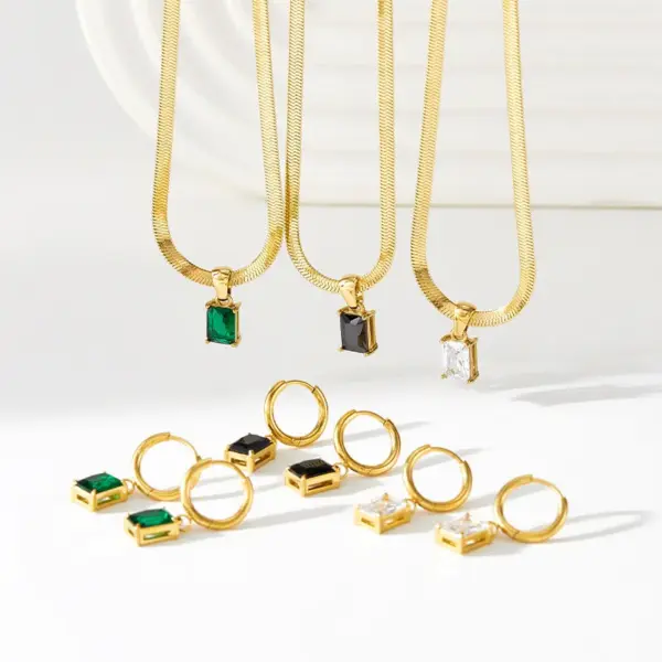 Wholesale Jewelry Fashion Square 304 Stainless Steel Zircon 16K Gold Plated White Gold Plated Gold Plated Inlay Stainless Steel Jewelry Sets