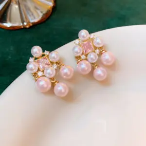 5# Silver Needle-Pink Square Zircon Pearl Tassel (Real Gold Plating).