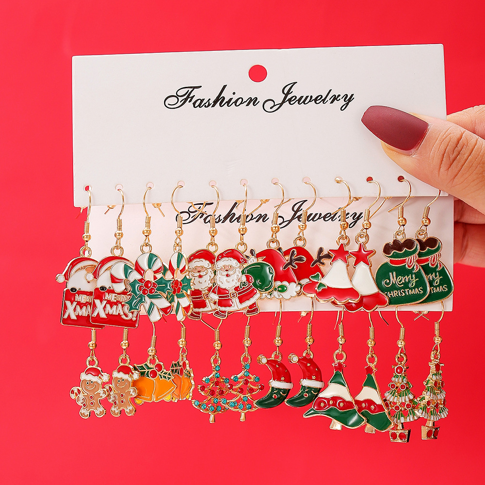 Wholesale Christmas Oil op Earrings 5 Pairs Set Snowflake Bell Cartoon Earrings Electroplated Alloy Earrings