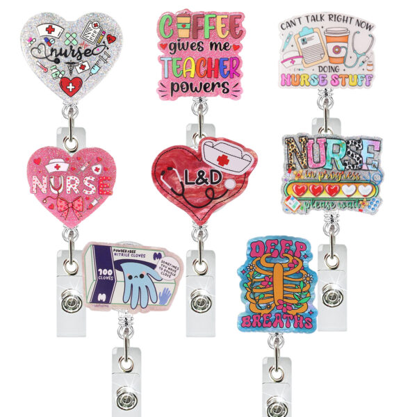 Wholesale Medical and nursing series of care-filled nurse caps, acrylic easy-open buckle, telescopic rotating doctor and nurse ID card buckle, easy-open.