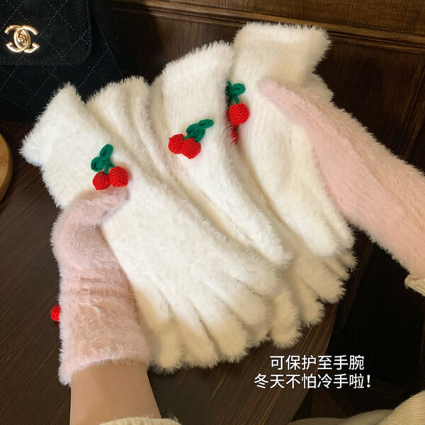 Wholesale Japanese Cute Five-Finger Cherry Plush Gloves Women's Autumn and Winter Travel Cycling Warm Cold-proof Touchscreen All-match Gloves