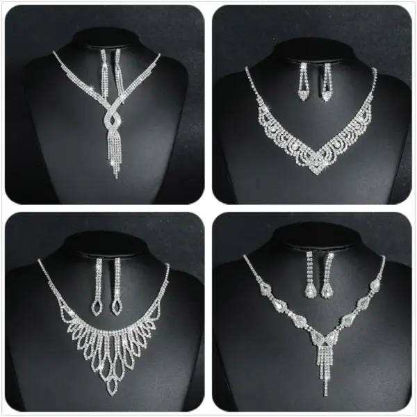 Wholesale Fashion Water Droplets Tassel Artificial Crystal Metal Inlay Rhinestones Earrings Necklace 1 Set