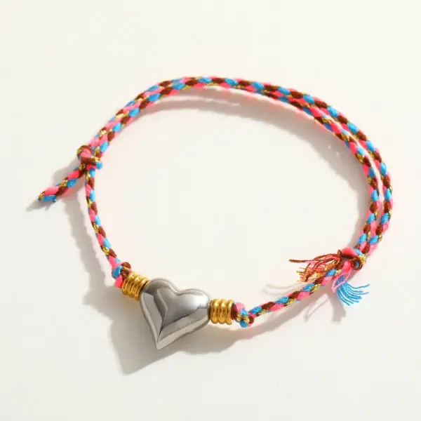 Wholesale Handmade Love Heart Pendant Zircon Embedded Stainless Steel 18K Gold Plated Cotton Rope Bracelet Sweet Cute Jewelry Accessory