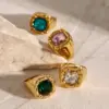 Wholesale 304 Stainless Steel Geometric PVD Coated Glass 18K Real Gold Plated Real Gold Plated Formal Classic Style Artistic Waterproof Non Tarnish Inlay Rings