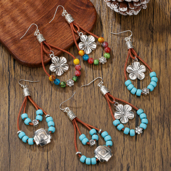 oly-9d4b097d5e3c05ac52e3d73111978c3b Wholesale Vintage Ethnic Style Ancient Silver Flower Earrings for Women Bohemian Simple Double Layer Turquoise Beaded Leather Rope Earrings Earrings
