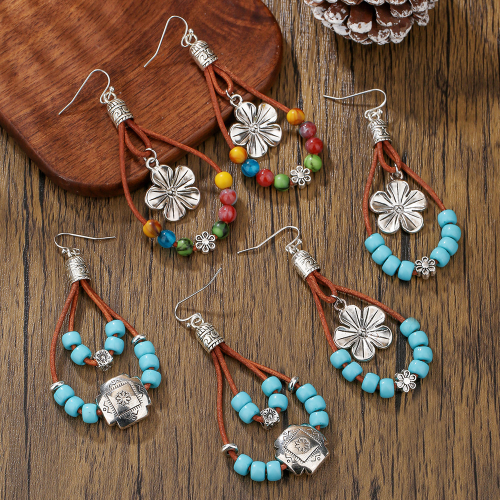 Wholesale Vintage Ethnic Style Ancient Sier Flower Earrings for Women Bohemian Simple Double Layer Turquoise Beaded Leather Rope Earrings Earrings
