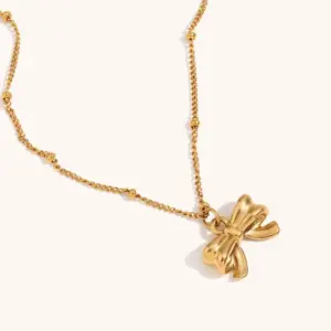 Bead Necklace Bow Pendant Necklace-Gold