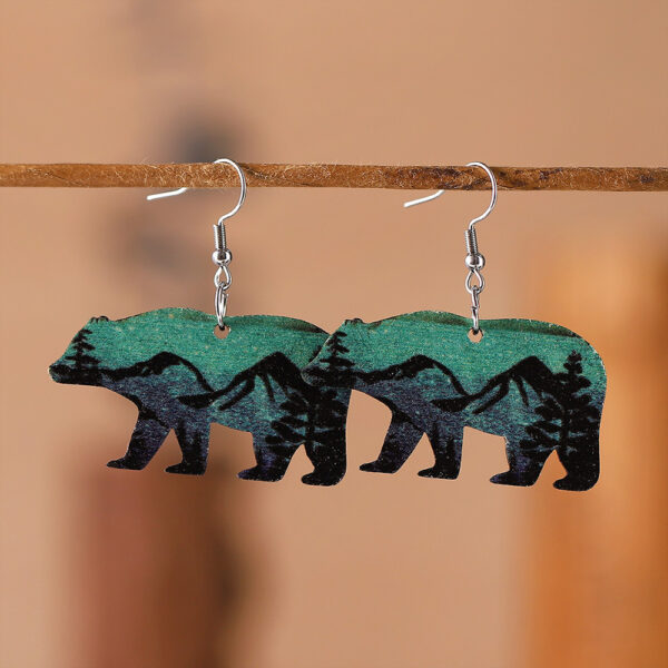 Wholesale European and American Cross-border Amazon Mother's Day Mother Brown Bear Earrings Double-sided Wooden Forest Snow Mountain Printed Earrings Earrings