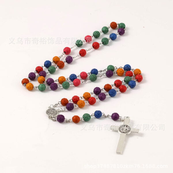 oly-9d613f6cfeedae8fbcd5a2b8cb265204 Wholesale 8mm mixed color rose bead cross rosary necklace