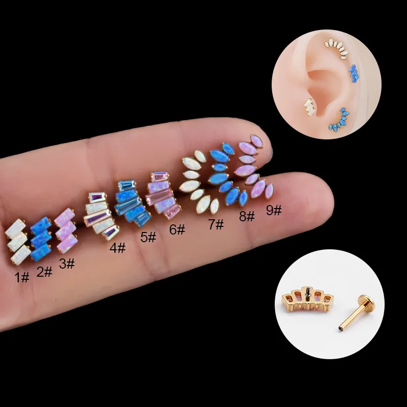 Wholesale 1 Piece Ear Cartilage Rings & Studs Fashion Crown Rectangle Pure Titanium Inlay Gem