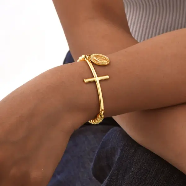 Wholesale PVD Coated Real Gold Plated 18K Rose Saint Benedict 201 Stainless Steel Retro Religion Waterproof Non Tarnish Bracelets