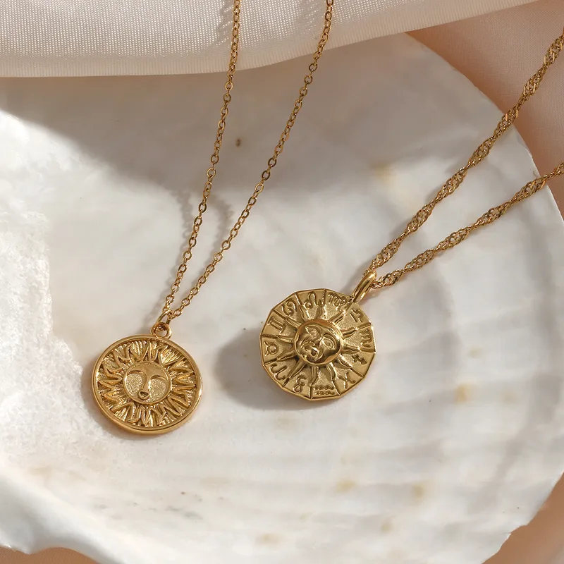 Wholesale PVD Coated Real Gold Plated 18K Gold Sun 304 Stainless Steel Retro Waterproof Non Tarnish 304 Stainless Steel Necklace