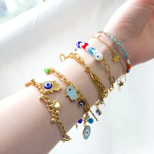 Wholesale Fashion Devil's Eye Hand Of Fatima Heart Shape Stainless Steel Bracelets