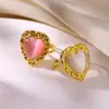 Wholesale PVD Coated Real Gold Plated Heart Shape 304 Stainless Steel Synthetic Gemstones Elegant French Style Sweet Waterproof Non Tarnish Open Rings
