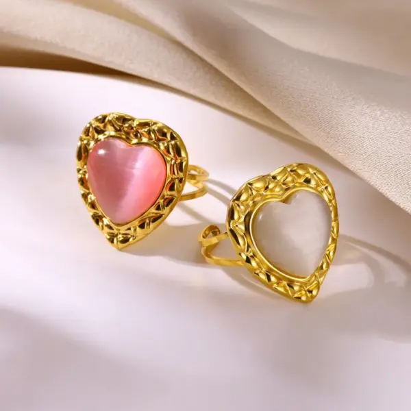 Wholesale PVD Coated Real Gold Plated Heart Shape 304 Stainless Steel Synthetic Gemstones Elegant French Style Sweet Waterproof Non Tarnish Open Rings